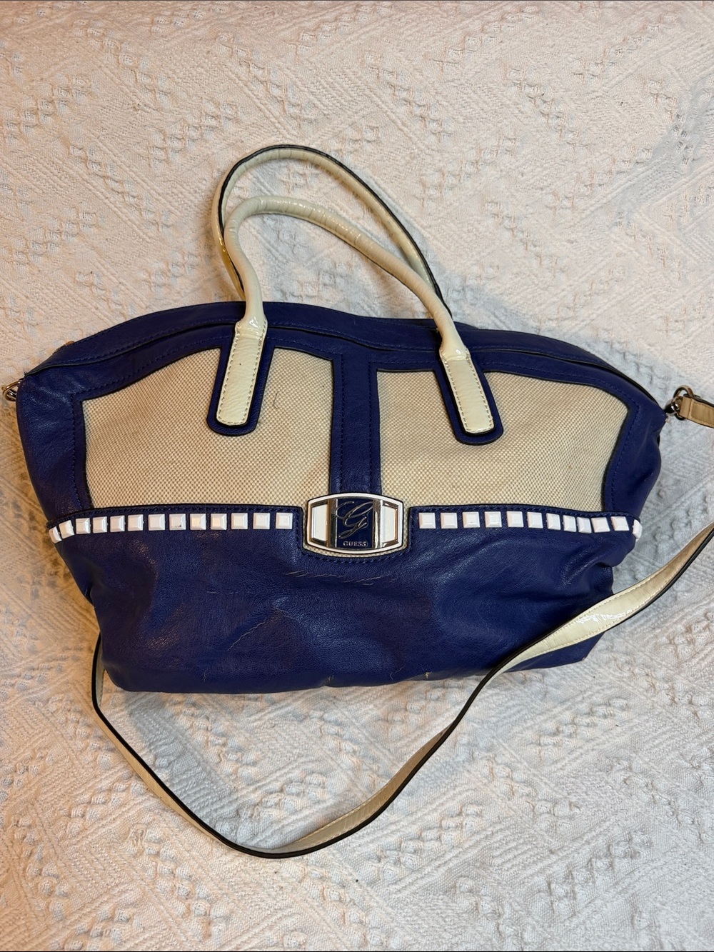 Guess Navy and Cream Two-Tone Shoulder Satchel
